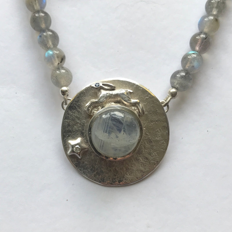 Hare & Moonstone Pendant with Beaded Necklace