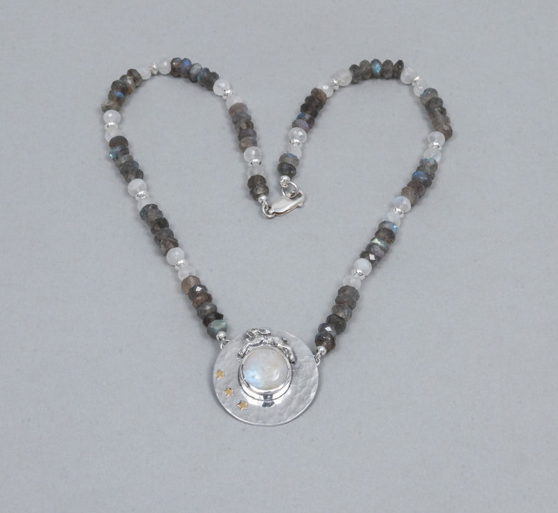 Hare & Moonstone Pendant with Beaded Necklace