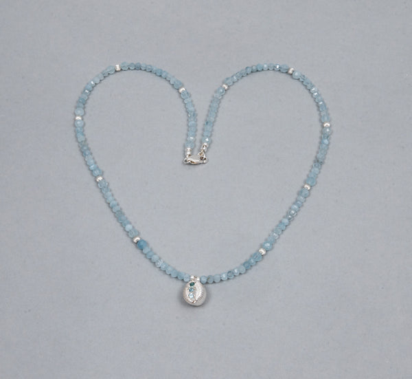 Gemstone Cowrie, Aquamarine & Sterling Silver Necklace